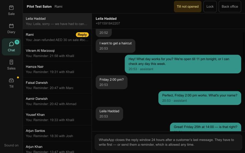 A customer booking a haircut by WhatsApp message
